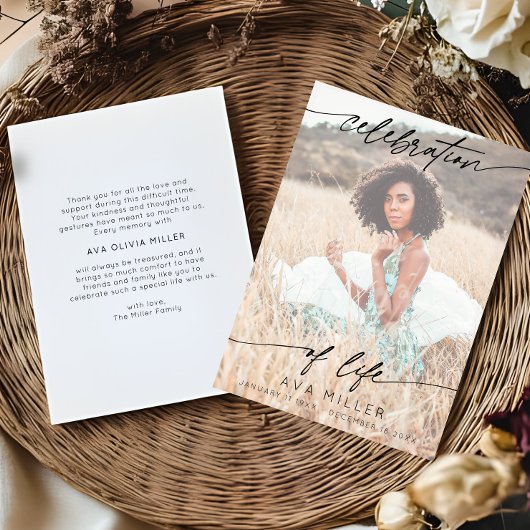 Celebration of Life Script Funeral Photo | White サンキューカード