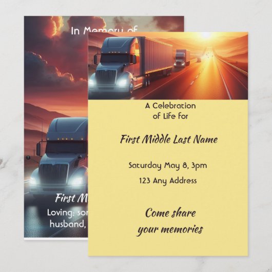Celebration of Life  Semi-Truck Tractor-trailer  招待状 (正面/裏面)