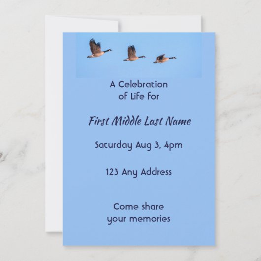 Celebration of Life Service Canada Goose Outdoors 招待状 (裏面)