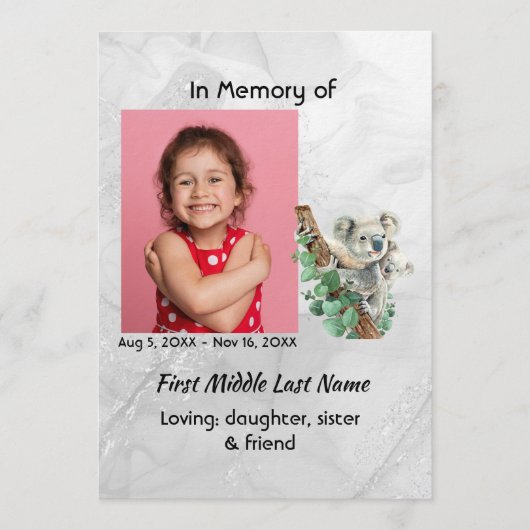 Celebration of Life Service Cute Koala Bear Kids 招待状 (正面)