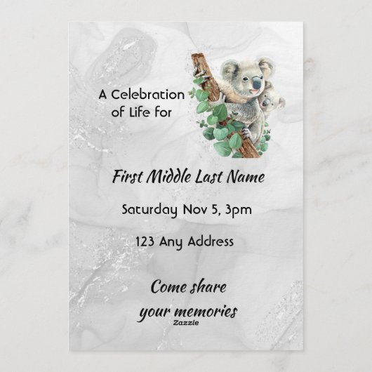 Celebration of Life Service Cute Koala Bear Kids 招待状 (裏面)