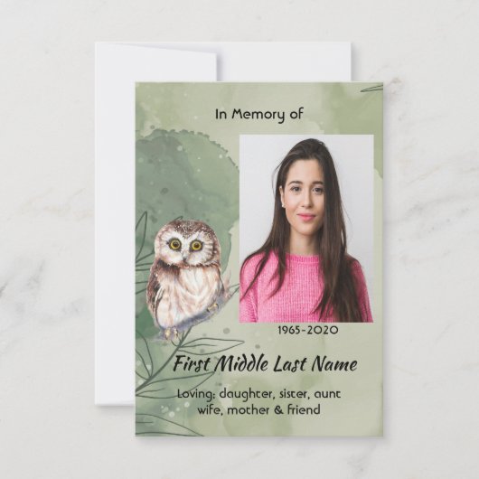 Celebration of Life Service  Cute Owl Bird 招待状 (正面)