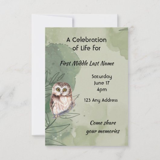 Celebration of Life Service  Cute Owl Bird 招待状 (裏面)