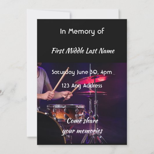 Celebration of Life Service Drummer Drums Band  招待状 (正面)