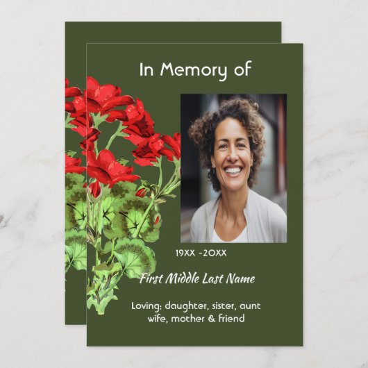 Celebration of Life Service Geranium Flower 招待状 (正面/裏面)