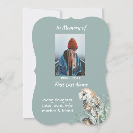 Celebration of Life Service Invite Barn Owl Bird 招待状 (正面)