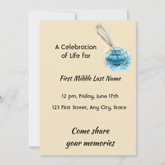 Celebration of Life Service Invite Feather Pen art 招待状 (裏面)