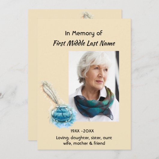 Celebration of Life Service Invite Feather Pen art 招待状 (正面/裏面)