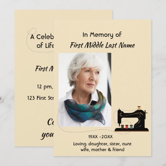 Celebration of Life Service Invite Seamstress  招待状 (正面/裏面)