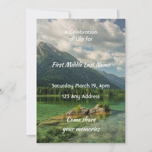 Celebration of Life Service Mountain Lake Scenery 招待状 (裏面)