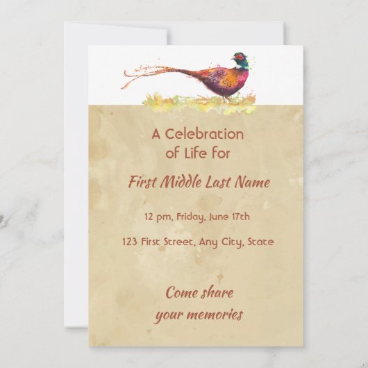 Celebration of Life Service Pheasant Bird Art 招待状 (裏面)