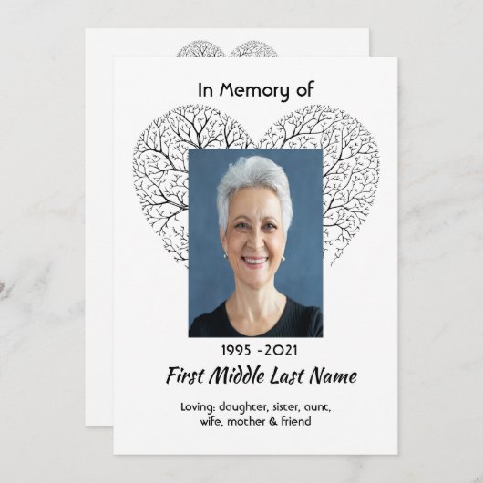 Celebration of Life Service Tree Life Heart Love 招待状 (正面/裏面)