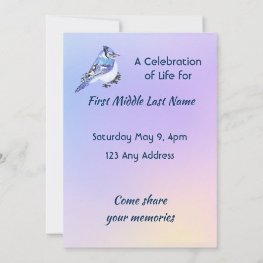 Celebration of Life Service Watercolor Bluejay 招待状 (裏面)