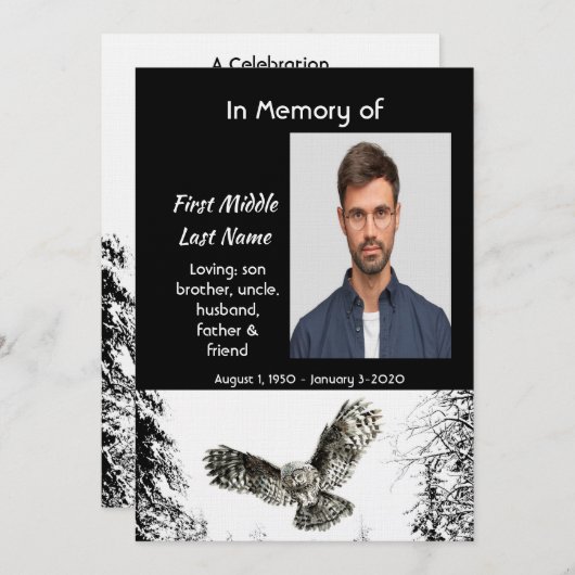 Celebration of Life Service  Watercolor Owl Bird 招待状 (正面/裏面)