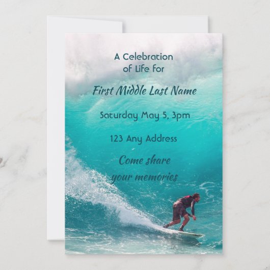 Celebration of Life Service  Wave Surfer Water 招待状 (裏面)