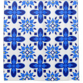 Celestia Crest Contemporary Sapphire Floral Motif シャワーカーテン (正面)