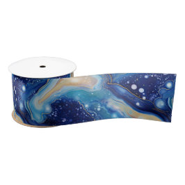 Celestial Abstract Galaxy Art in Blue Gold Swirls サテンリボン