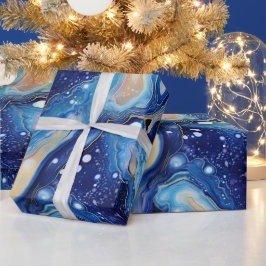 Celestial Abstract Galaxy Art in Blue Gold Swirls ラッピングペーパー