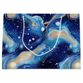 Celestial Abstract Galaxy Art in Blue Gold Swirls ラージペーパーバッグ (正面)