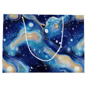 Celestial Abstract Galaxy Art in Blue Gold Swirls ラージペーパーバッグ (裏面)