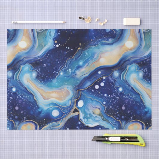 Celestial Abstract Galaxy Art in Blue Gold Swirls 薄葉紙 (クラフト)