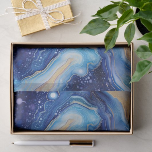 Celestial Abstract Galaxy Art in Blue Gold Swirls 薄葉紙 (ギフト)