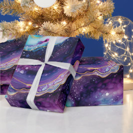 Celestial Agate Abstract Purple Blue Gold Swirls ラッピングペーパー