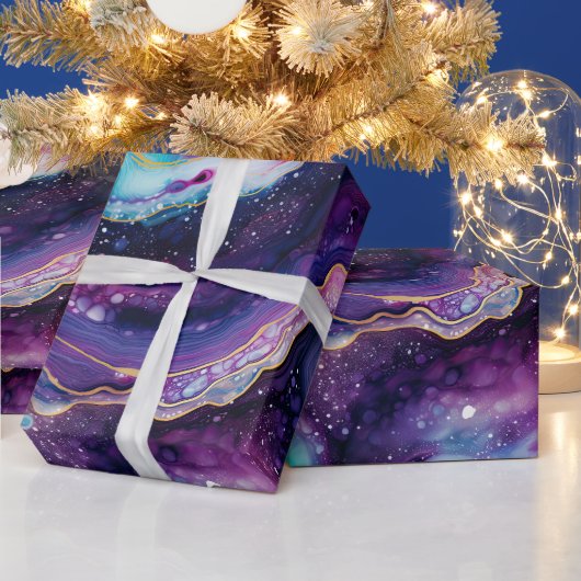 Celestial Agate Abstract Purple Blue Gold Swirls ラッピングペーパー (クリスマス)