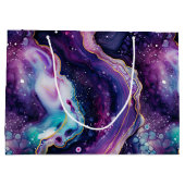 Celestial Agate Abstract Purple Blue Gold Swirls ラージペーパーバッグ (裏面)