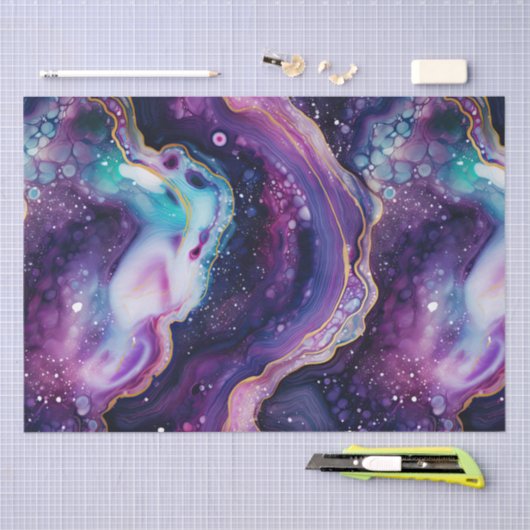 Celestial Agate Abstract Purple Blue Gold Swirls 薄葉紙 (クラフト)