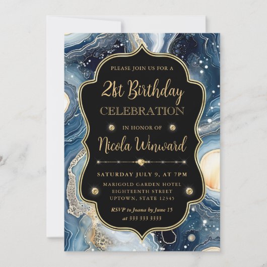 Celestial Agate | Elegant Cosmic Marble Birthday 招待状 (正面)