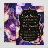 Celestial Agate | Purple Gold Marble Sweet 16 招待状 (正面/裏面)