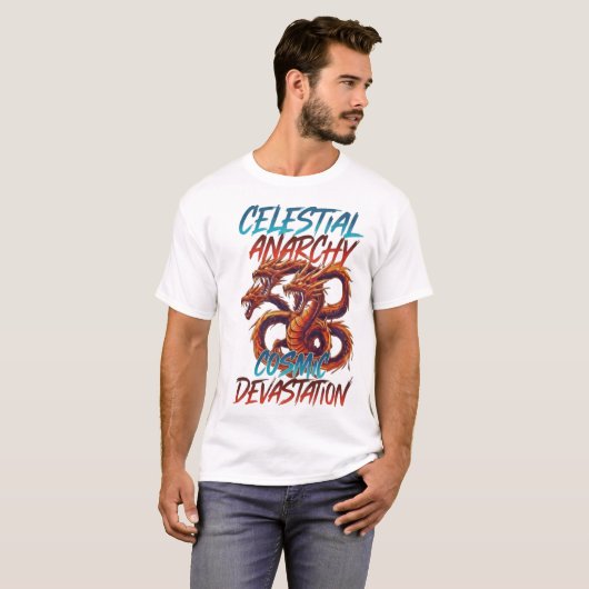 Celestial Anarchy: Triple-Headed Cosmic Dragon Tee Tシャツ (正面フル)