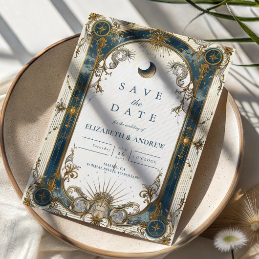 Celestial Art Nouveau Blue Gold Wedding セーブザデート