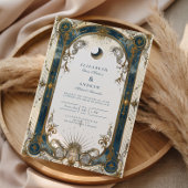 Celestial Art Nouveau Blue Gold Wedding 招待状