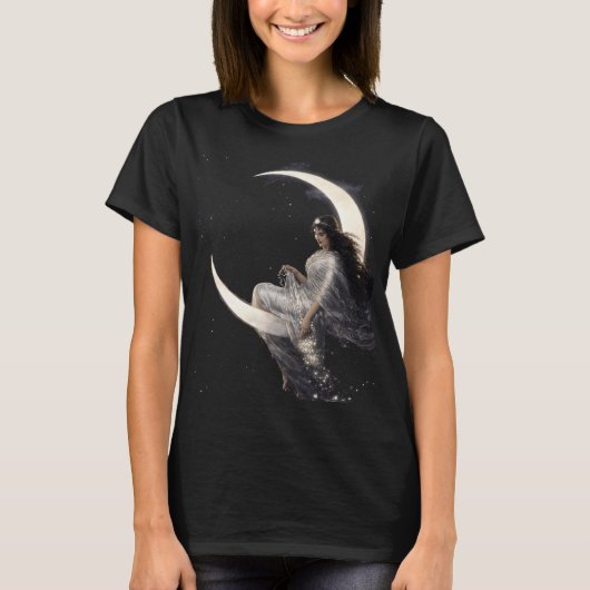 Celestial Art Nouveau Woman on Crescent Moon Tシャツ (正面)
