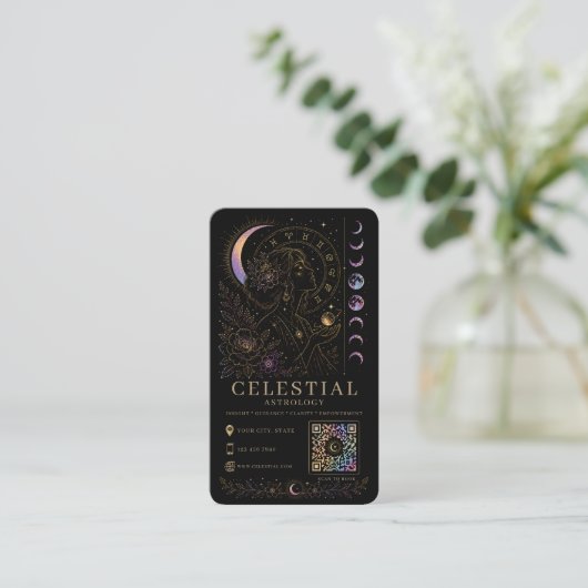 Celestial Astrology Luxury Black Gold QR 名刺 (スタンド正面)