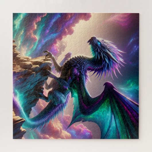Celestial Aurora Dragon on Mountain Fantasy Art ジグソーパズル (横)