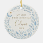 Celestial Baby First  Cute Blue Christmas Photo セラミックオーナメント (裏面)