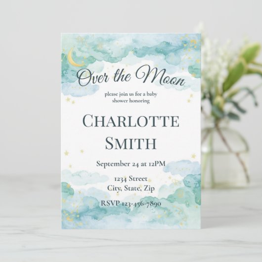 Celestial Baby Shower Invitation | Watercolor Moon 招待状 (スタンド正面)
