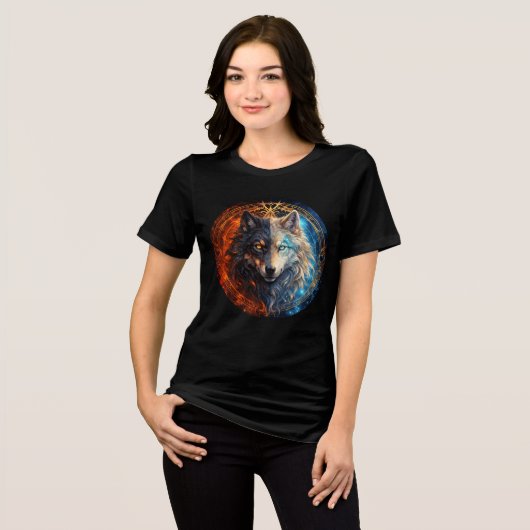 Celestial Balance Wolf – Fire and Ice トライブレンドTシャツ (正面全面)