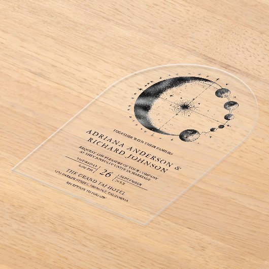 Celestial Black Crescent Moon Phases Wedding アクリル招待状 (レイダウン)
