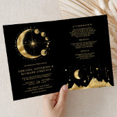 Celestial Black Gold Crescent Moon Phases Wedding 招待状