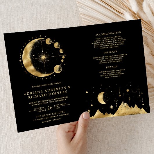 Celestial Black Gold Crescent Moon Phases Wedding 招待状