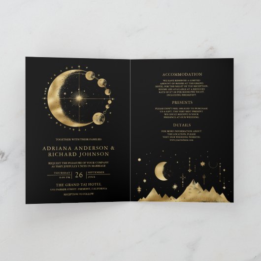 Celestial Black Gold Crescent Moon Phases Wedding 招待状 (内部)