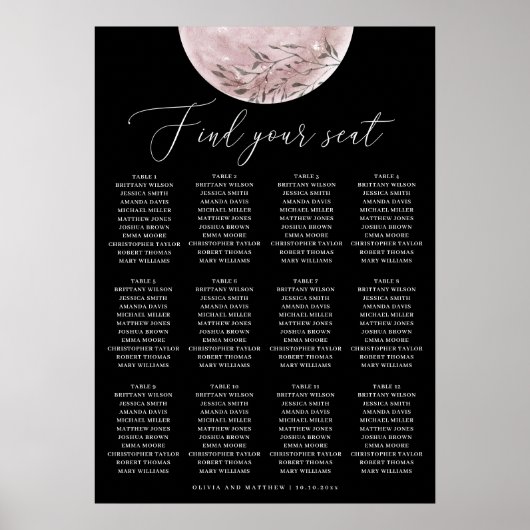 Celestial Black Wedding Seating Chart | Blush Moon ポスター (正面)
