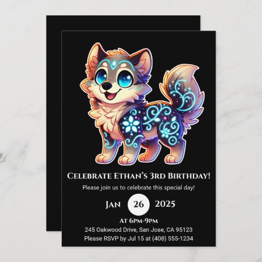 Celestial Bloom Wolf Birthday Invitation 招待状 (正面/裏面)
