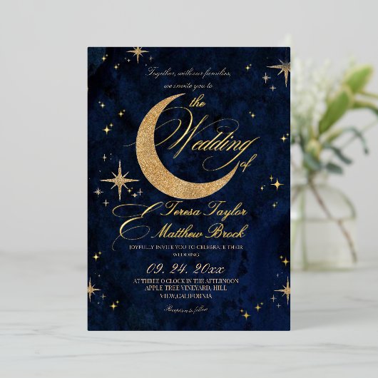 Celestial Blue and Gold Foil Wedding  箔招待状 (立ち正面)