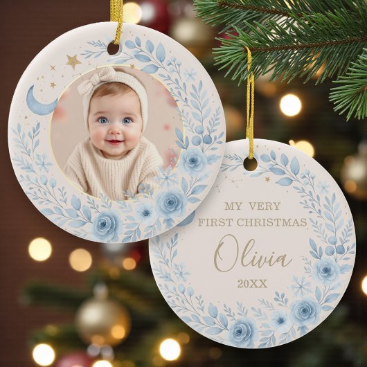 Celestial Blue Baby First Christmas Photo セラミックオーナメント