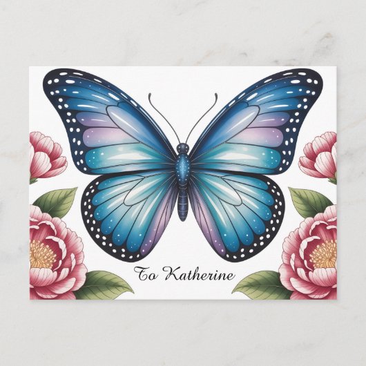 Celestial Blue Butterfly and Pink Peony with Text ポストカード (正面)